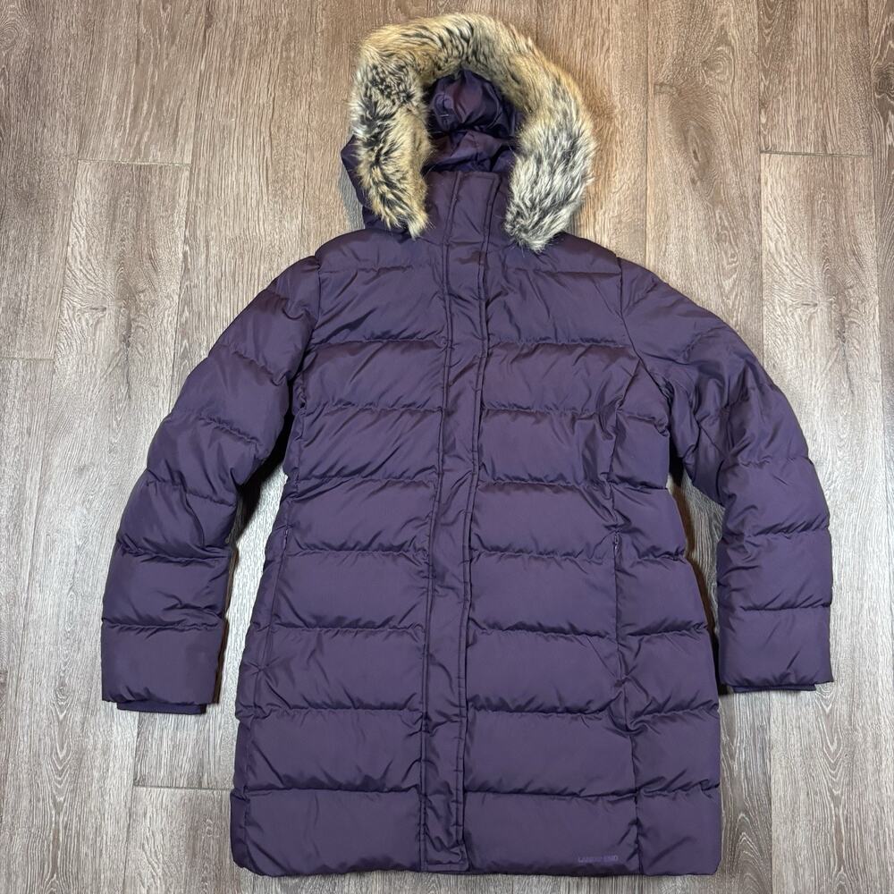 Lands End Coat Womens M Purple Down Outdoor Two Way Zip Removable Faux Fur Hood